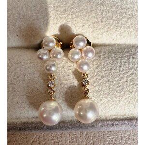 MIKIMOTO 18K GOLD 3.6-6.5mm akoya pearl diamond drop earrings stud set